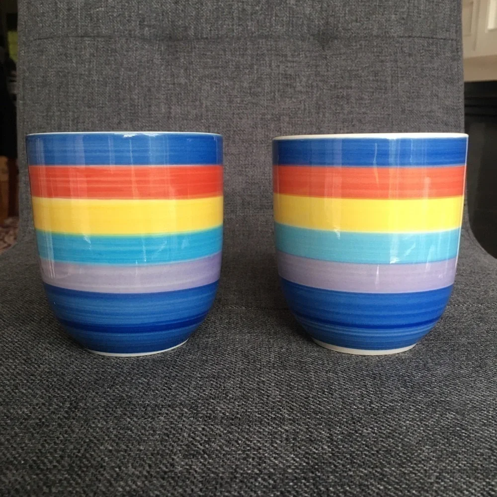 Set/2 Rainbow Striped Ceramic Coffee Mugs, 14 oz